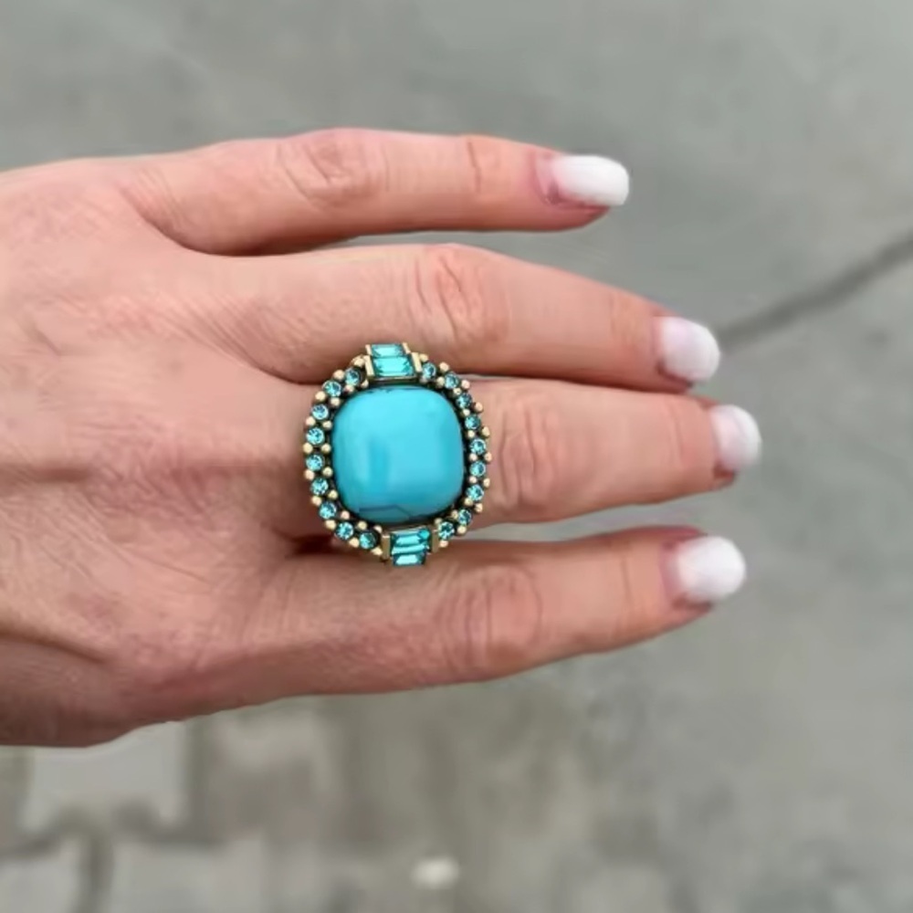 Royal Turquoise Cocktail Ring 18K Gold Diamond-Style Halo - Picture 2 of 5